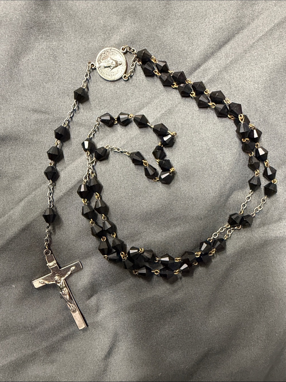 Black Beaded Rosary Necklace with Silver Crucifix
